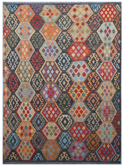 Tappeto Kilim Kaudani Afghan fatto a mano multicolore 290x210cm