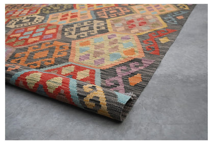 Tappeto Kilim Kaudani Afghan fatto a mano multicolore 290x210cm