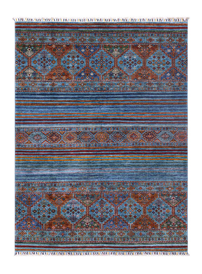 Afghan wool carpet blue, handmade 227x176cm