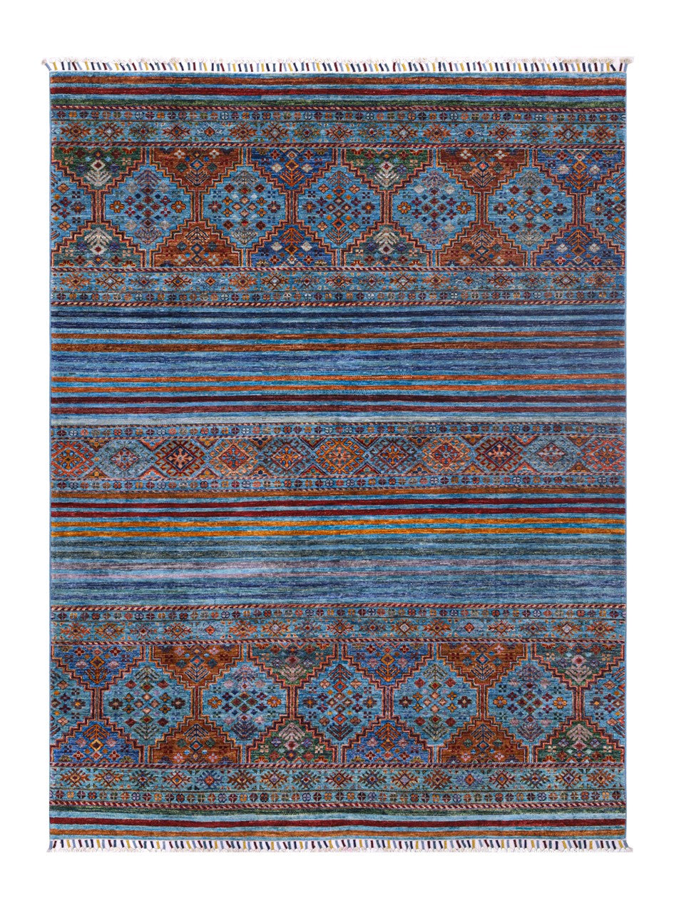 Afghan wool carpet blue, handmade 227x176cm