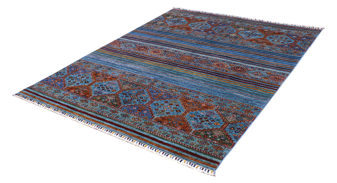 Afghan wool carpet blue, handmade 227x176cm