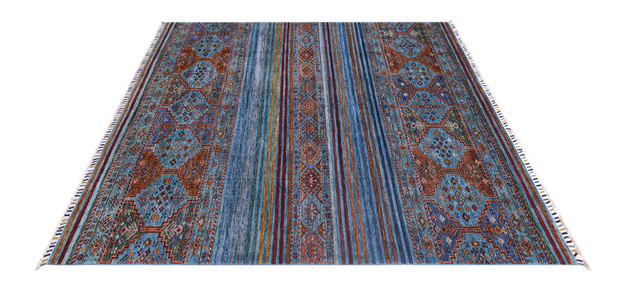 Afghan wool carpet blue, handmade 227x176cm