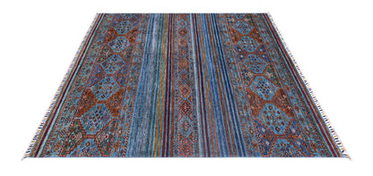 Afghan wool carpet blue, handmade 227x176cm