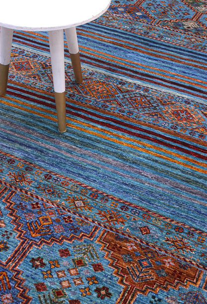 Afghan wool carpet blue, handmade 227x176cm