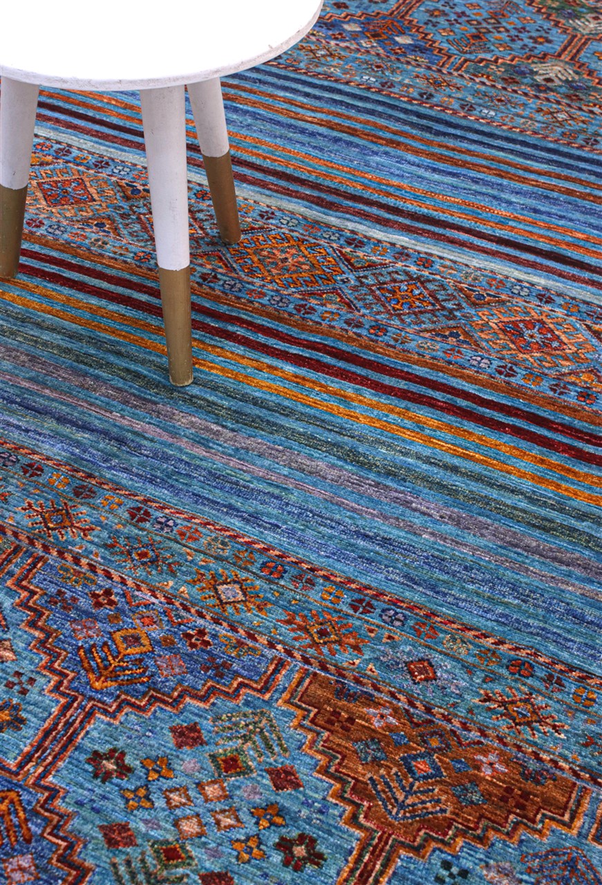Afghan wool carpet blue, handmade 227x176cm