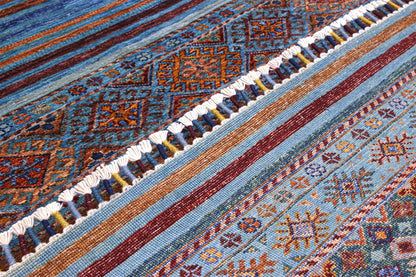 Afghan wool carpet blue, handmade 227x176cm
