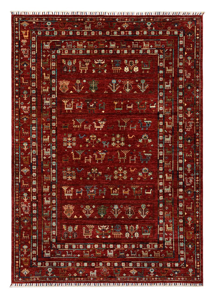 Afghan wool carpet red, handmade 247x178cm