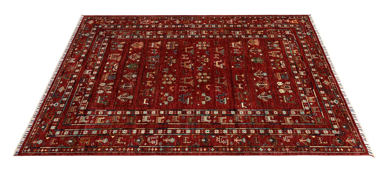 Afghan wool carpet red, handmade 247x178cm
