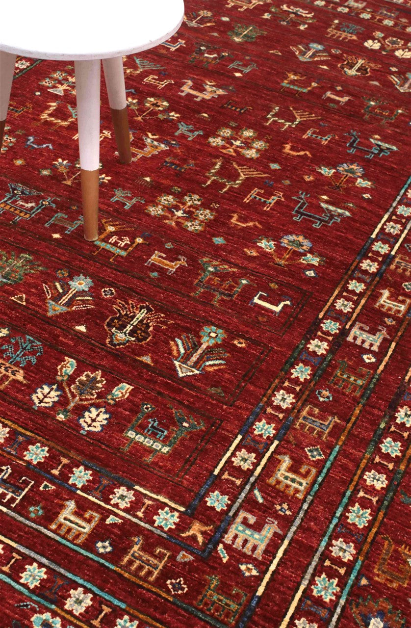 Afghan wool carpet red, handmade 247x178cm