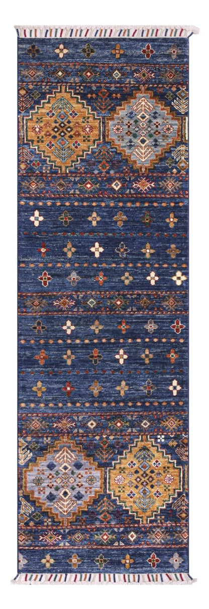 Afghan wool runner rug blue, handmade 189x66cm
