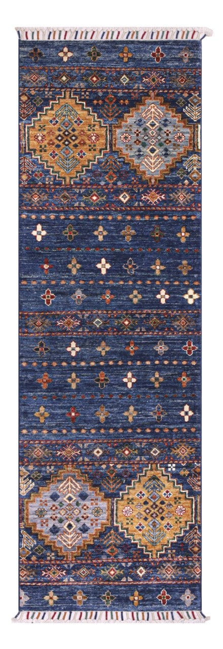 Afghan wool runner rug blue, handmade 189x66cm