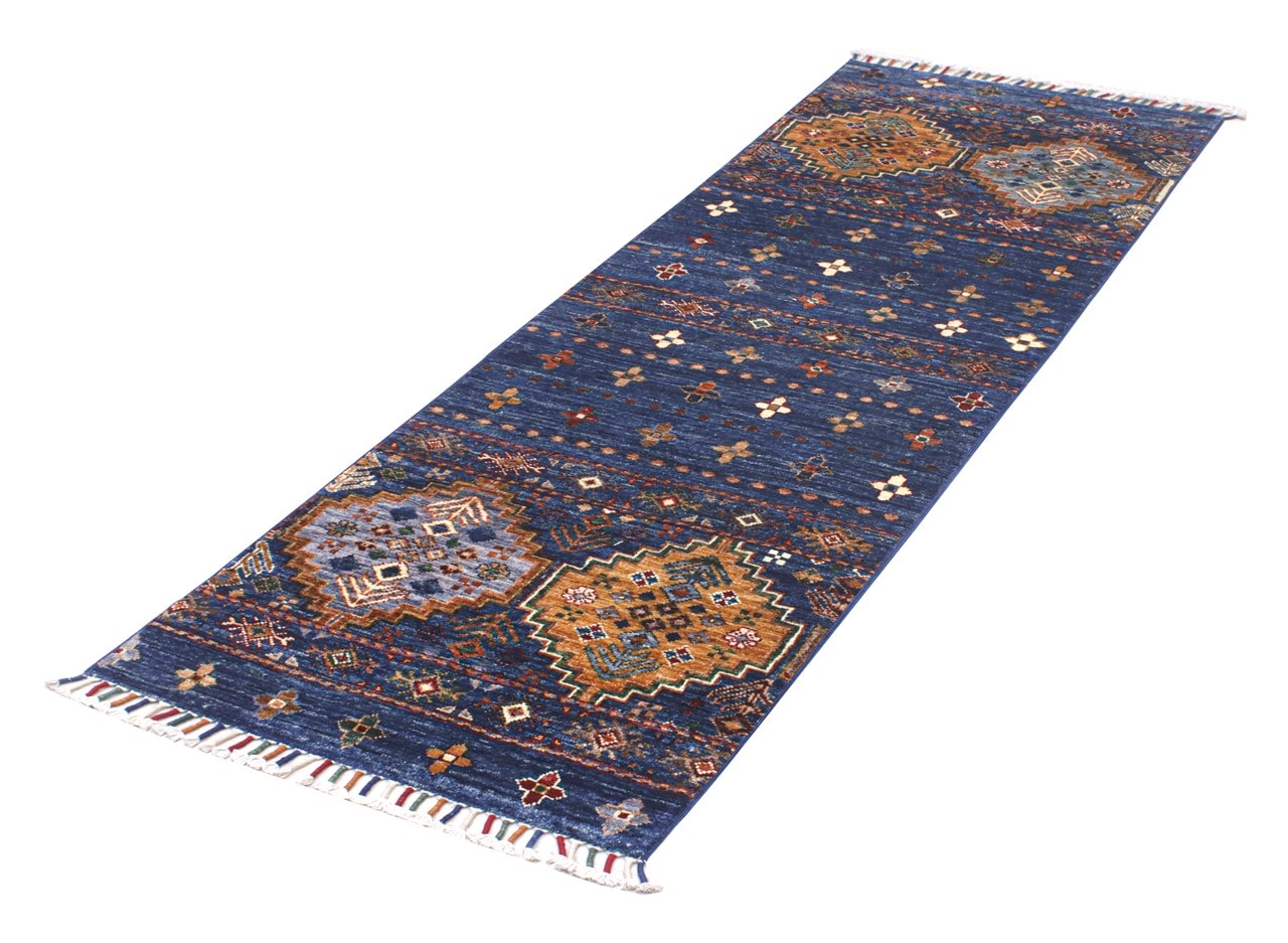 Afghan wool runner rug blue, handmade 189x66cm