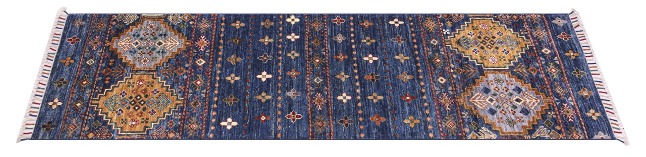 Afghan wool runner rug blue, handmade 189x66cm