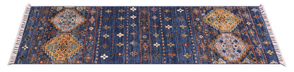 Afghan wool runner rug blue, handmade 189x66cm