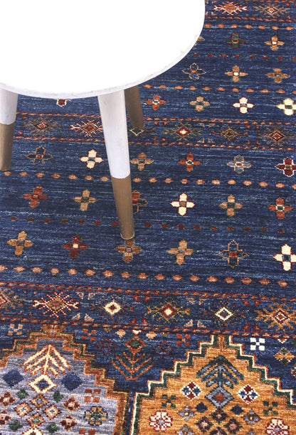 Afghan wool runner rug blue, handmade 189x66cm