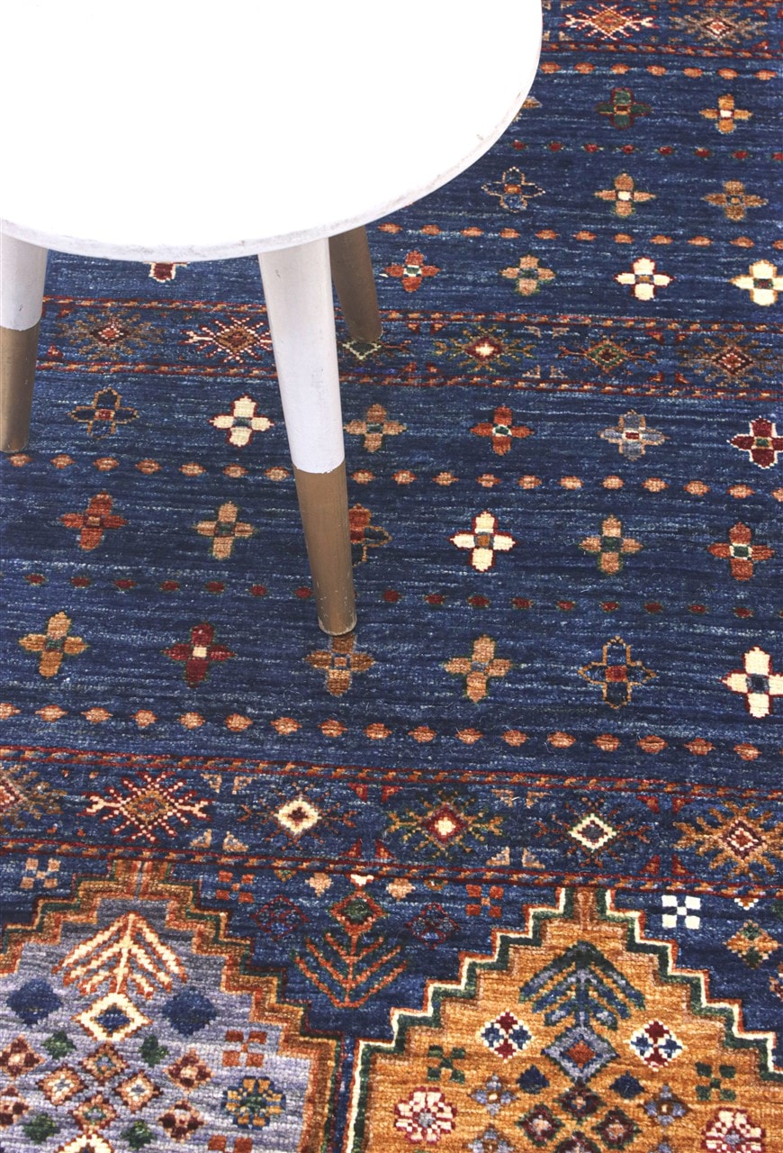 Afghan wool runner rug blue, handmade 189x66cm