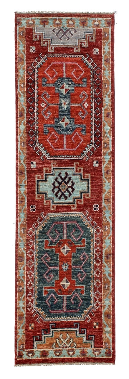 Classic Kazak runner rug, Multicoloured, handmade, 329x82cm