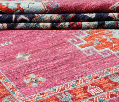 Classic Kazak carpet, Pink, handmade, 234x179cm