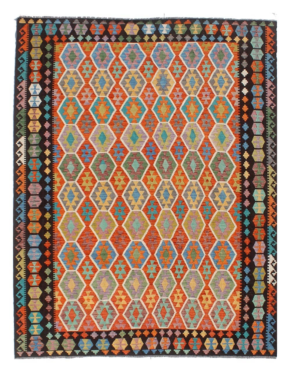 Tappeto Kilim Kaudani Afghan fatto a mano multicolore 354x272cm