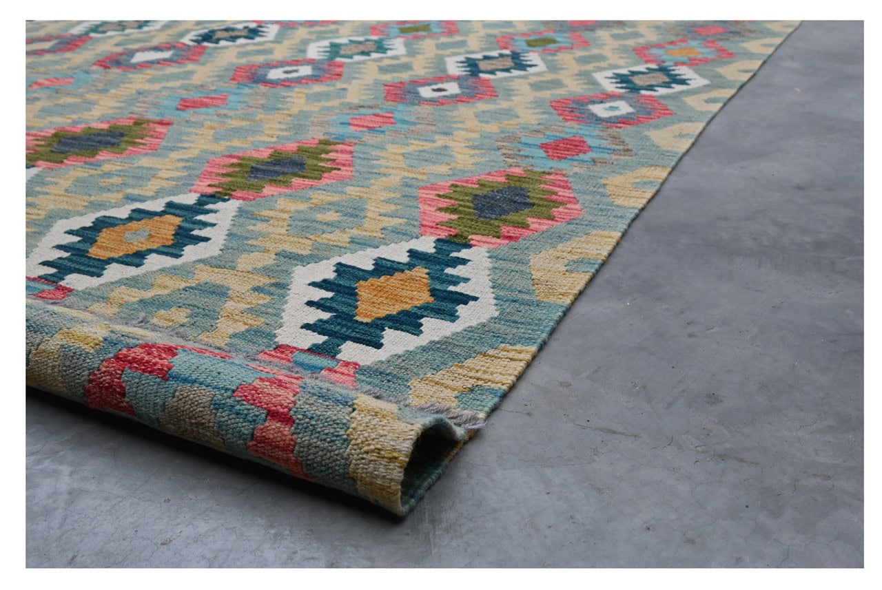 Tappeto Kilim Kaudani Afghan fatto a mano multicolore 295x210cm