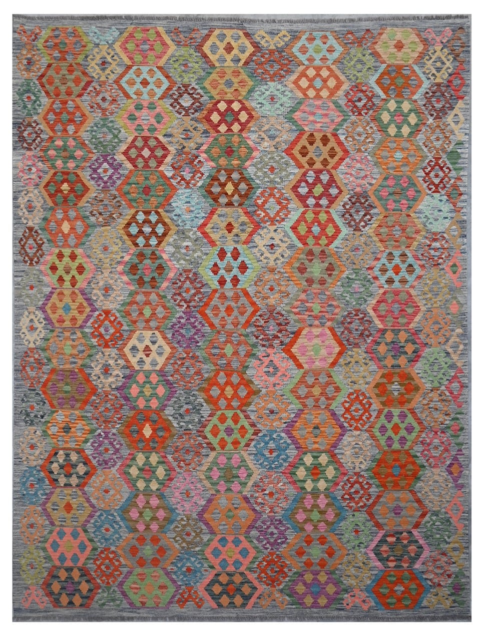 Tappeto Kilim Kaudani Afghan fatto a mano multicolore 345x256cm