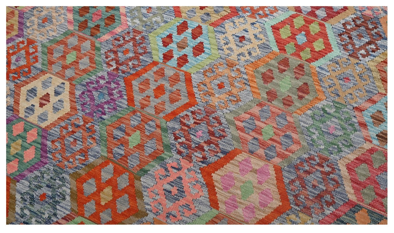 Tappeto Kilim Kaudani Afghan fatto a mano multicolore 345x256cm