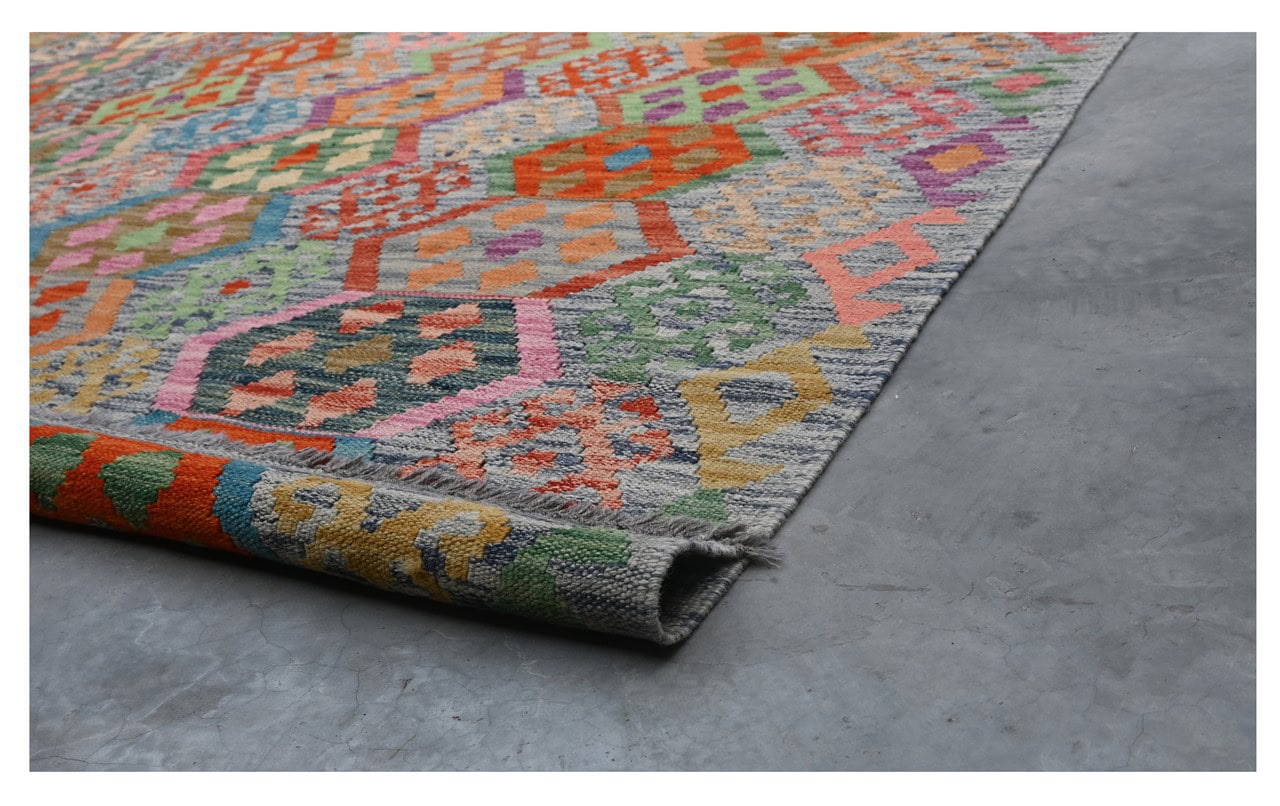 Tappeto Kilim Kaudani Afghan fatto a mano multicolore 345x256cm