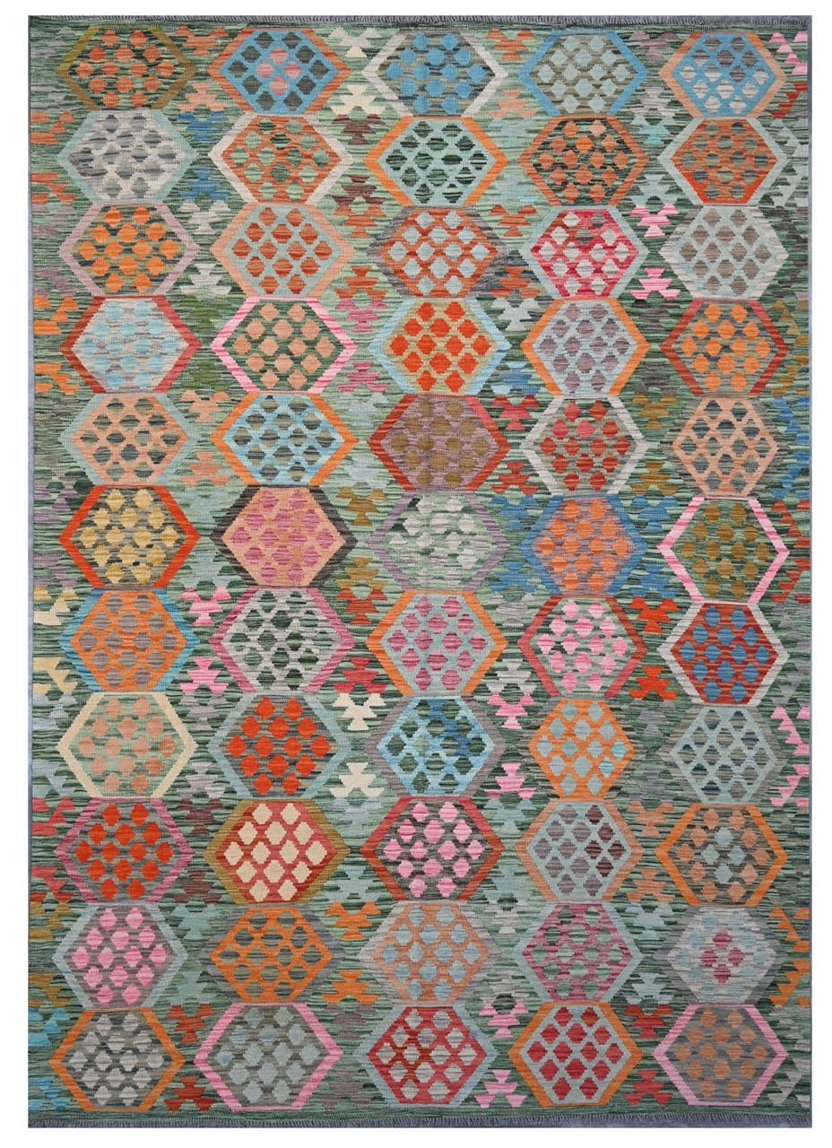 Tappeto Kilim Kaudani Afghan fatto a mano multicolore 304x210cm