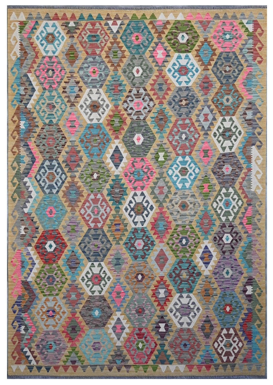 Tappeto Kilim Kaudani Afghan fatto a mano multicolore 302x208cm