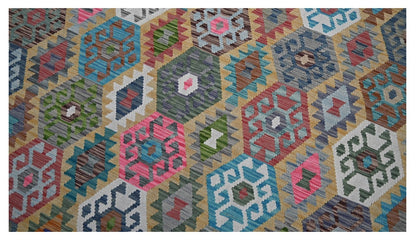 Tappeto Kilim Kaudani Afghan fatto a mano multicolore 302x208cm