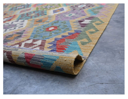 Tappeto Kilim Kaudani Afghan fatto a mano multicolore 302x208cm