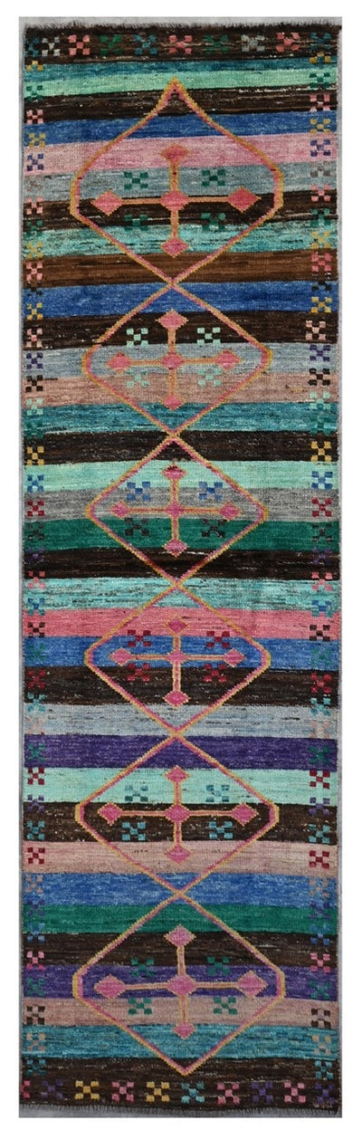 Taimany - Tappeto Passatoia Tribale in Lana Multicolore - Fatto a Mano 297x76cm