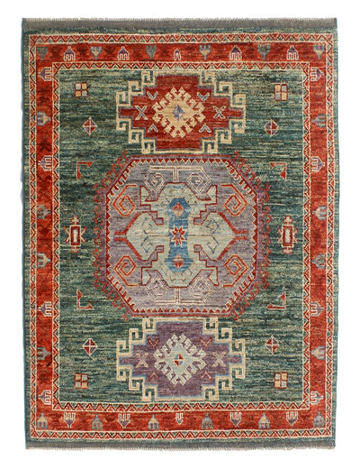 Tappeto Kazak Classico, Verde, fatto a mano, 196x148cm