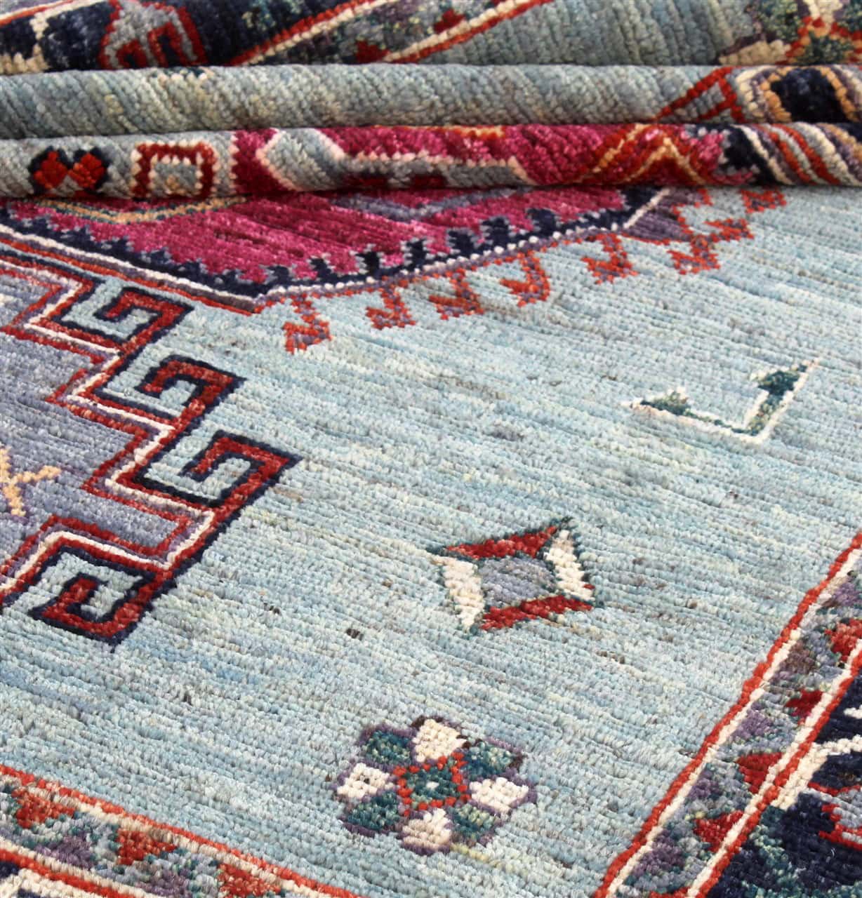Tappeto Kazak Classico, Blu chiaro, fatto a mano, 230x178cm