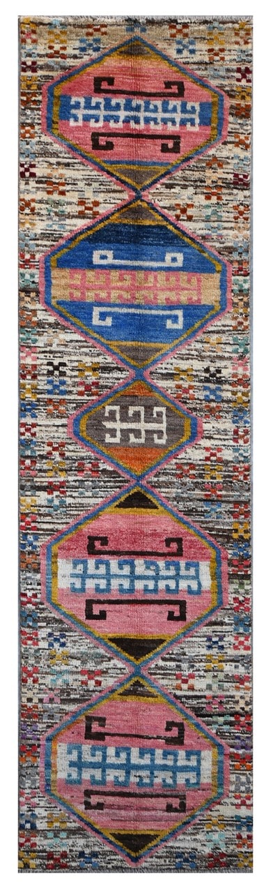 Taimany - Tappeto Passatoia Tribale in Lana Multicolore - Fatto a Mano 303x73cm