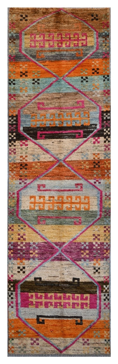 Taimany - Tappeto Passatoia Tribale in Lana Multicolore - Fatto a Mano 303x87cm