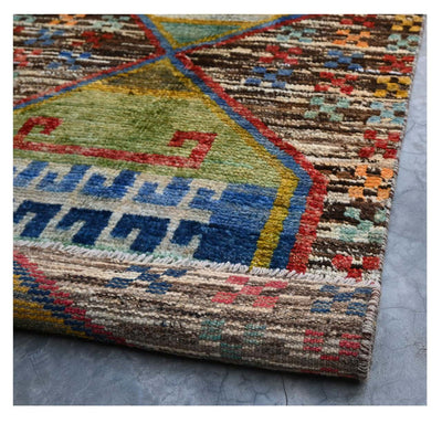 Taimany - Tappeto Passatoia Tribale in Lana Multicolore - Fatto a Mano 303x74cm