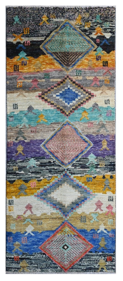 Taimany - Multicolor Tribal Wool Rug - Hand-Knotted 208x81cm