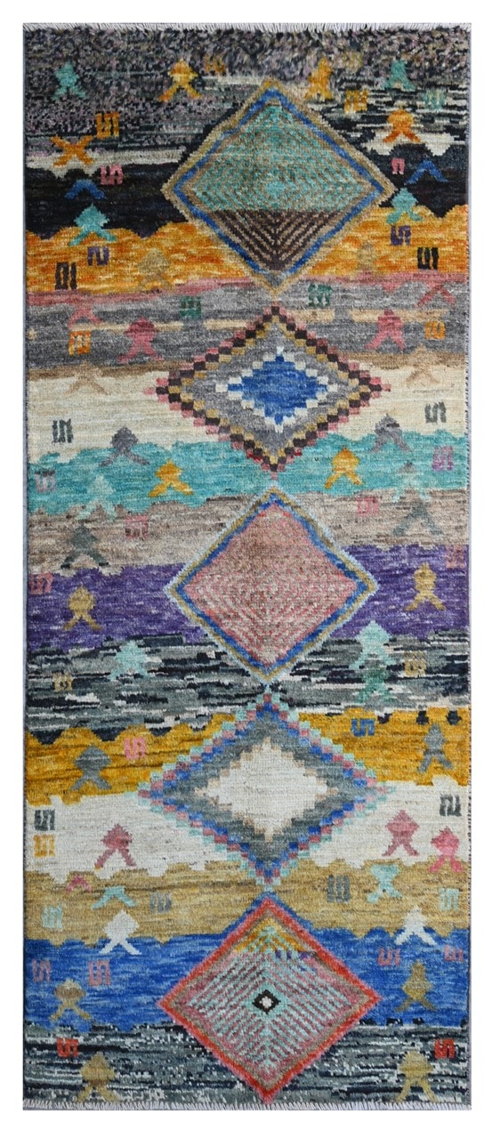 Taimany - Multicolor Tribal Wool Rug - Hand-Knotted 208x81cm