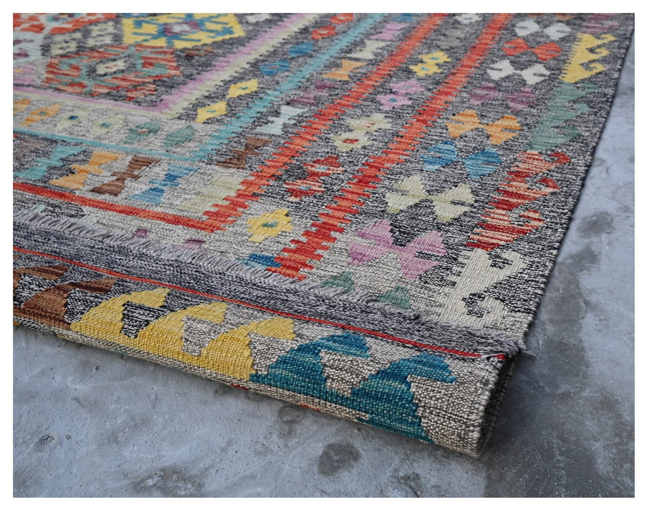 Tappeto Kilim Kaudani Afghan fatto a mano multicolore 296x239cm