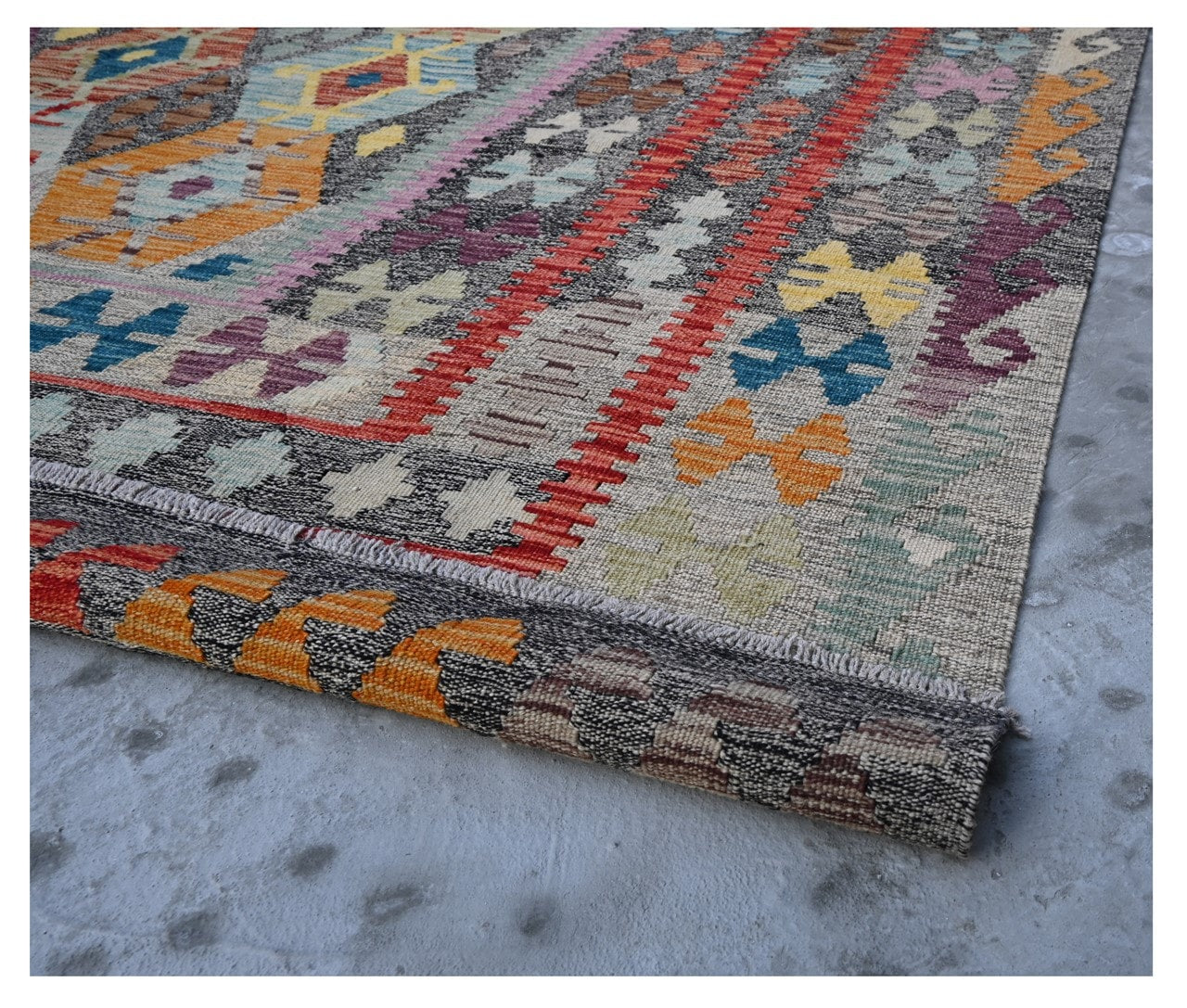 Tappeto Kilim Kaudani Afghan fatto a mano multicolore 297x250cm