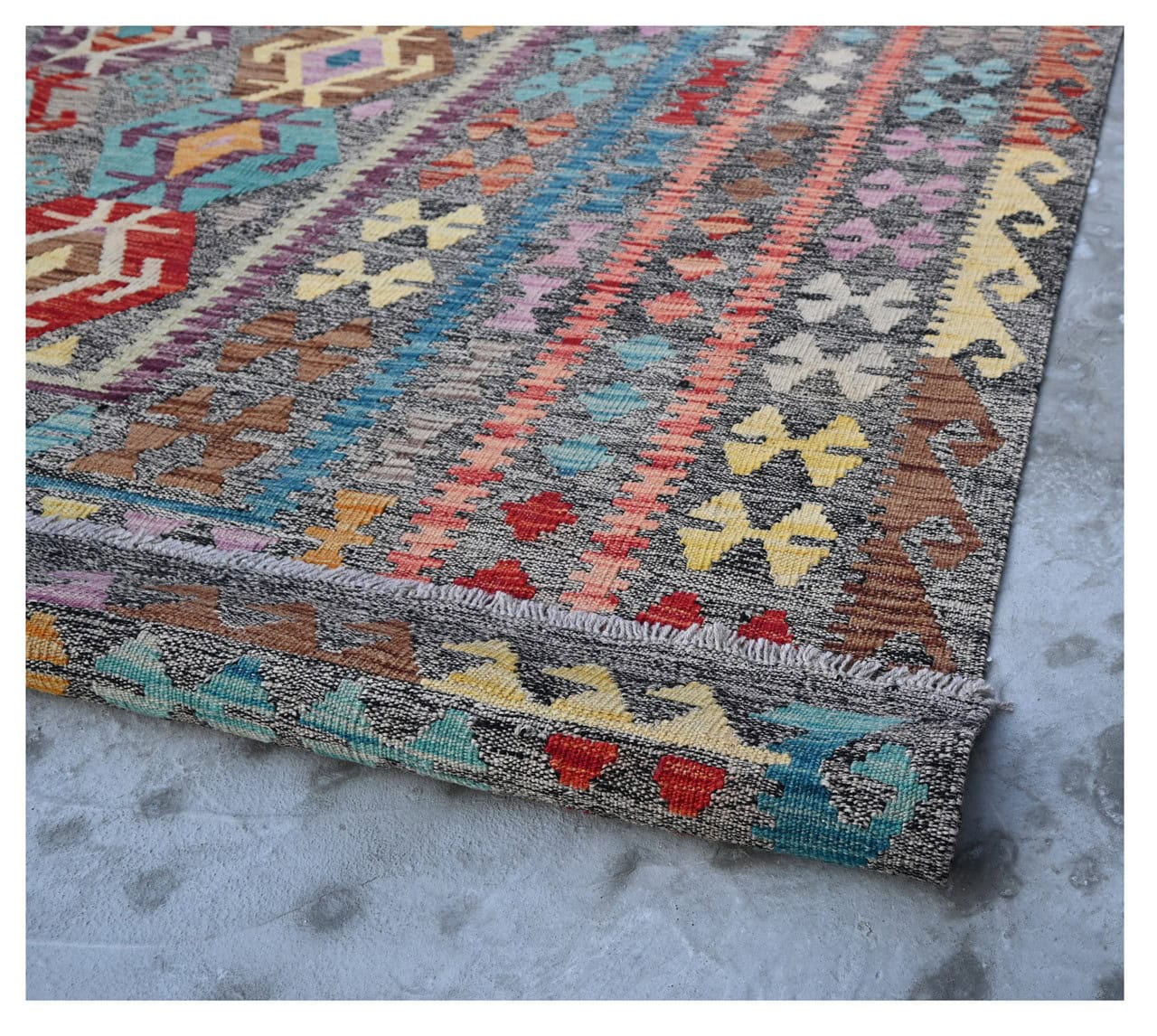 Tappeto Kilim Kaudani Afghan fatto a mano multicolore 303x257cm