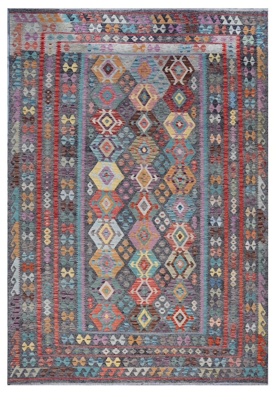 Tappeto Kilim Kaudani Afghan fatto a mano multicolore 346x248cm