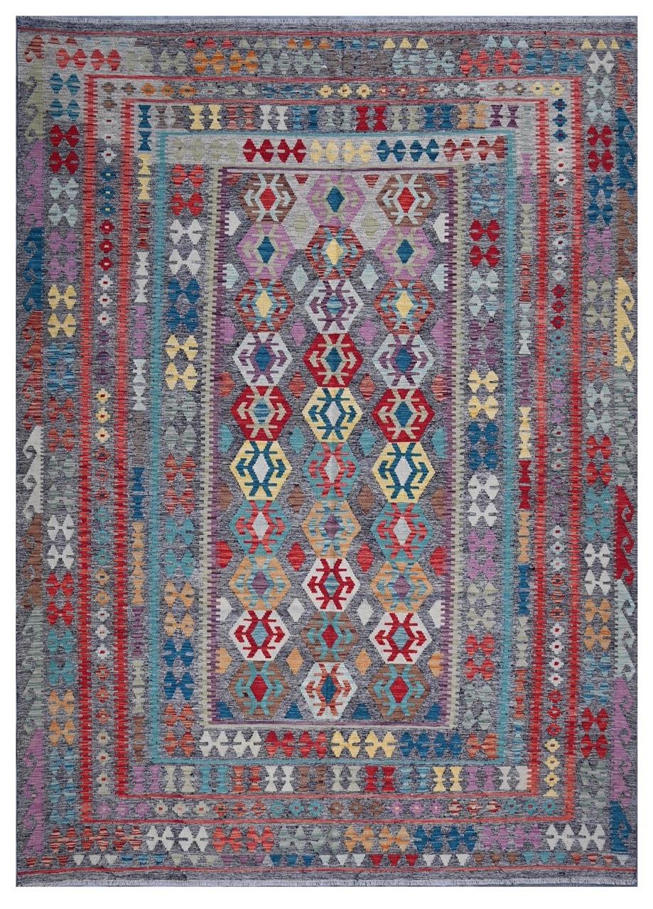 Tappeto Kilim Kaudani Afghan fatto a mano multicolore 343x249cm