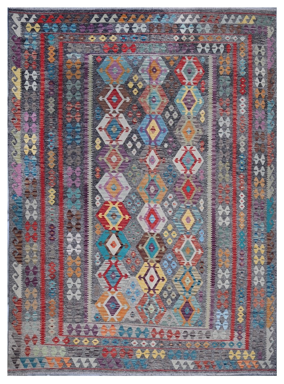 Tappeto Kilim Kaudani Afghan fatto a mano multicolore 341x252cm
