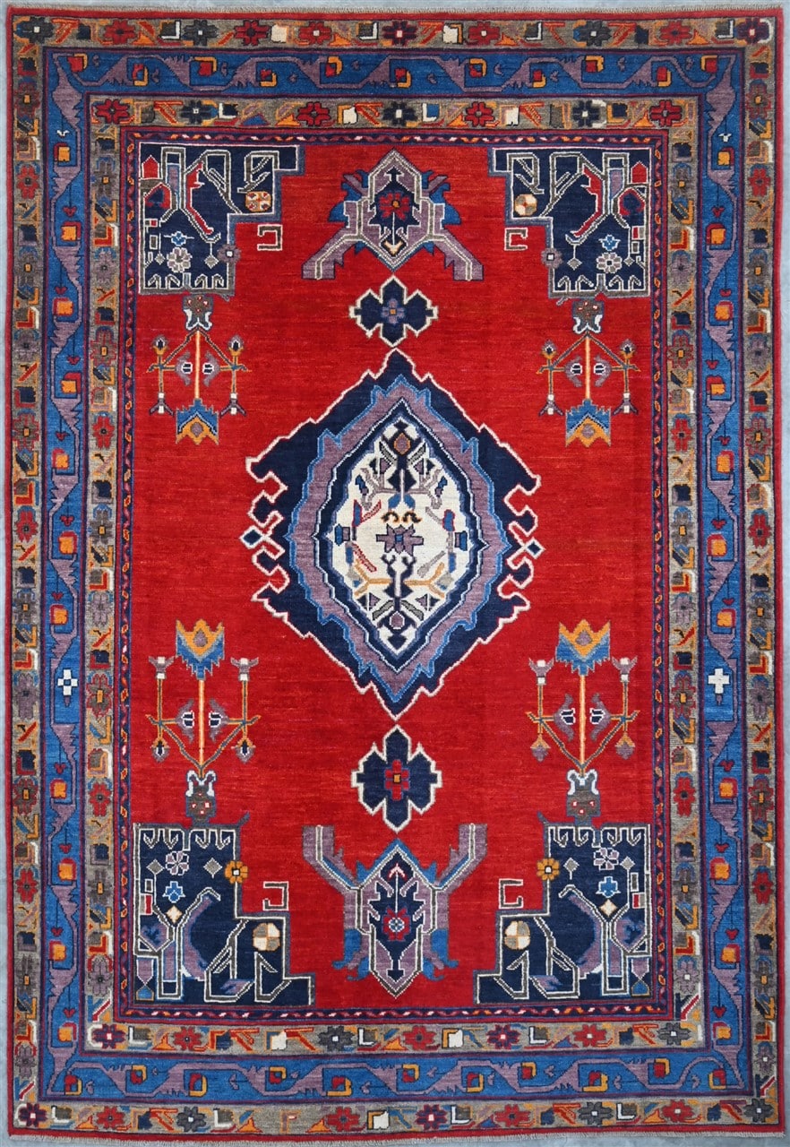 Classic Kazak carpet, Blue and Red, handmade, 247x166cm