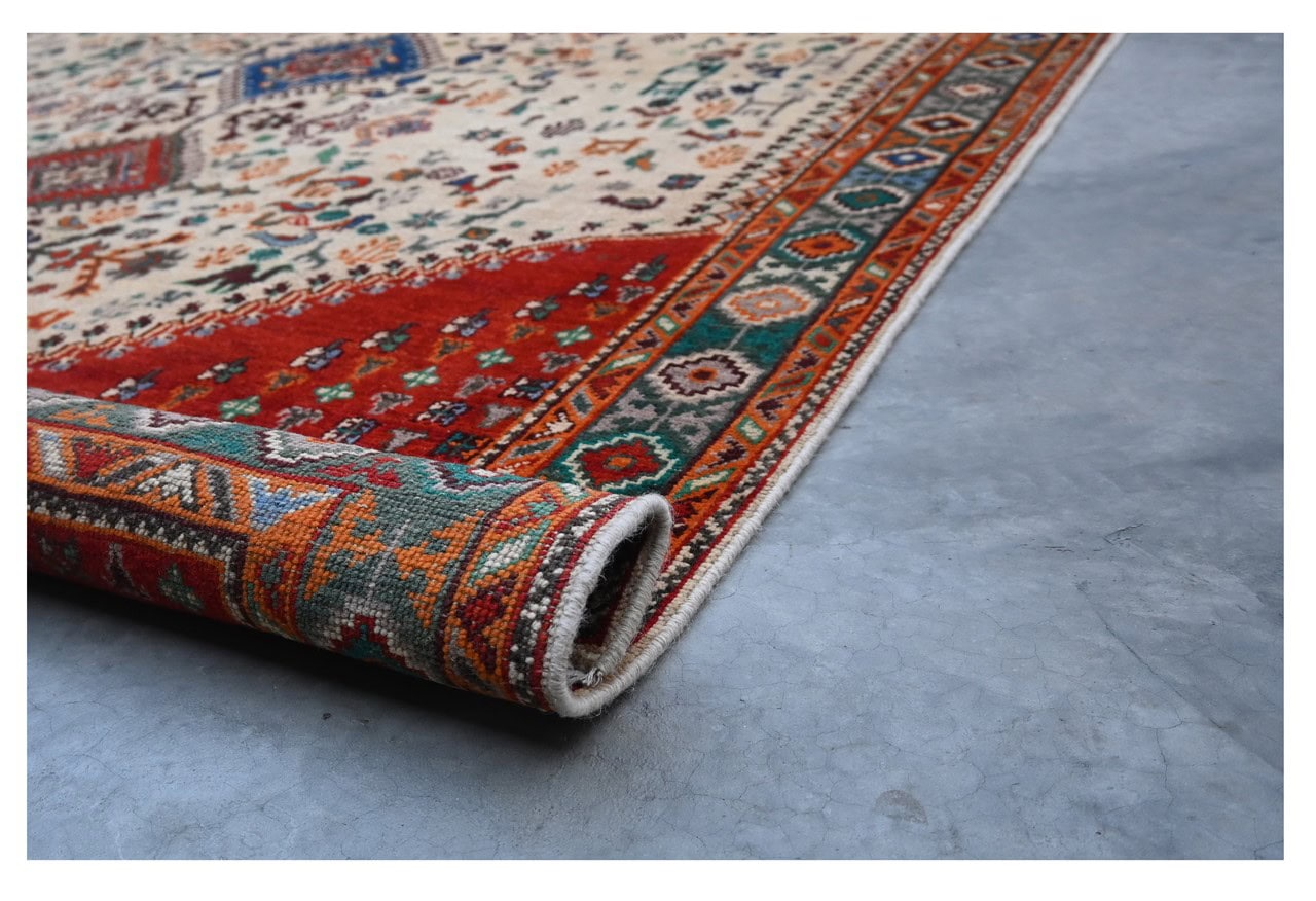 Classic Kazak carpet, Red White, handmade, 243x167cm