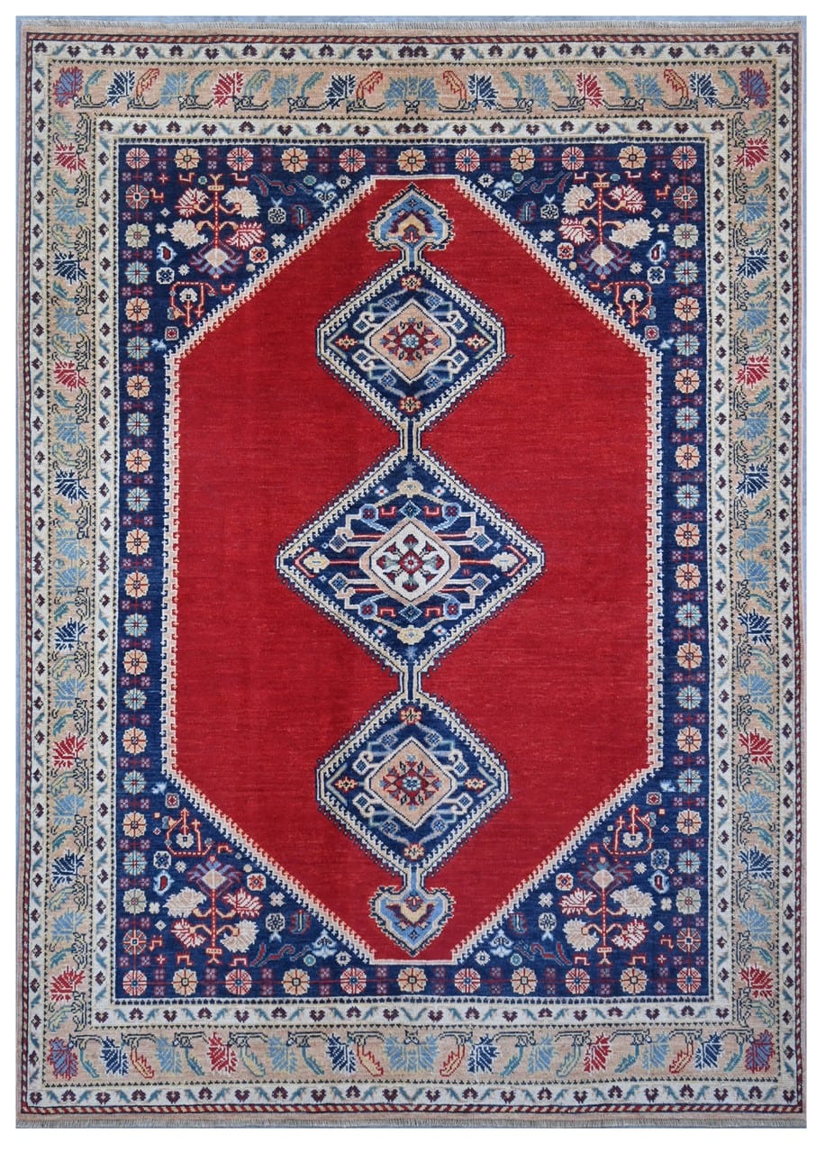Classic Kazak carpet, Red Blue, handmade, 247x174cm