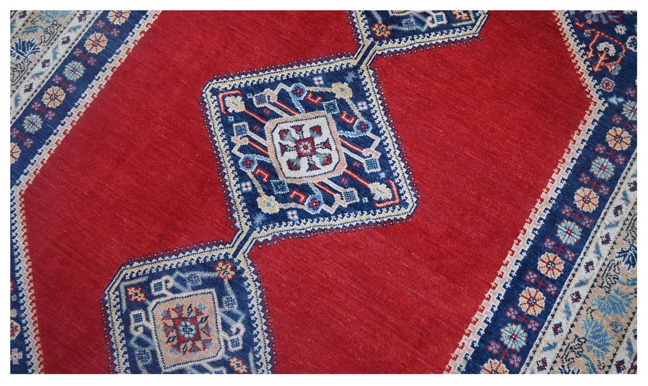 Classic Kazak carpet, Red Blue, handmade, 247x174cm