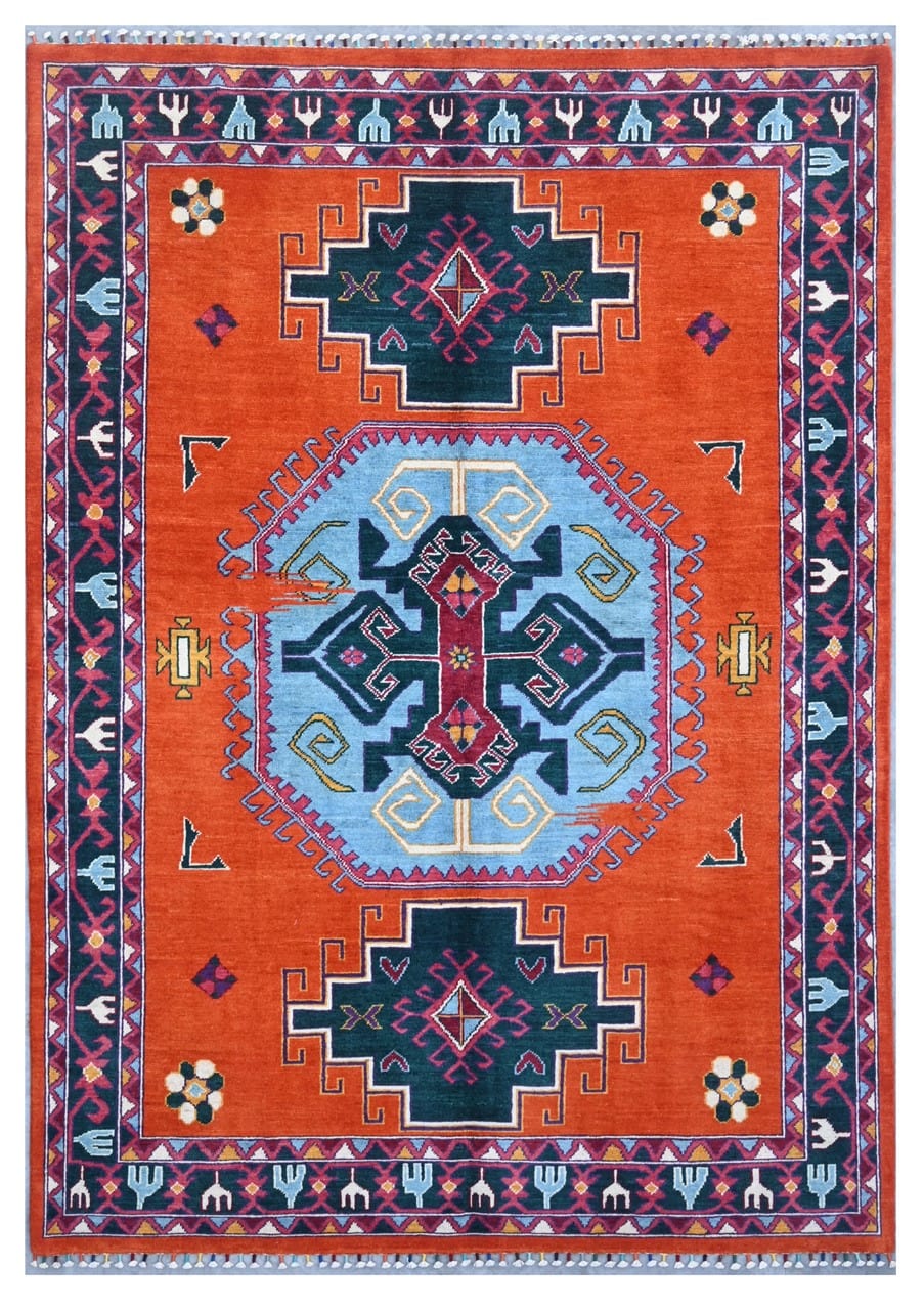 Classic Kazak carpet, Orange, handmade, 241x167cm